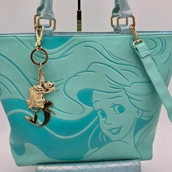 Loungefly‎ Disney The Little Mermaid Rare HTF Tote & Wallet Aqua Bag Charm Ariel